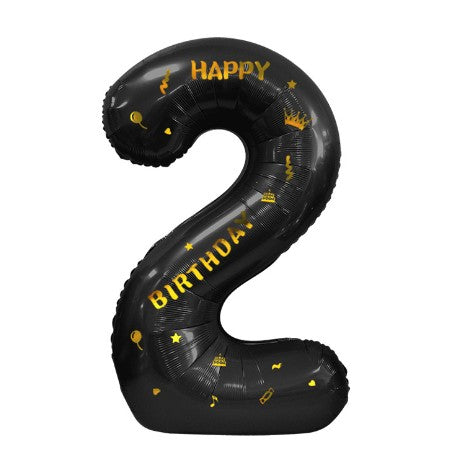 Balon din folie metalizata, cu tematica aurie si scris Happy Birthday, 100 cm, Negru, Cifra 2-0