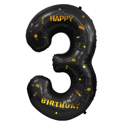 Balon din folie metalizata, cu tematica aurie si scris Happy Birthday, 100 cm, Negru, Cifra 3-0