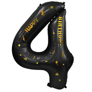 Balon din folie metalizata, cu tematica aurie si scris Happy Birthday, 100 cm, Negru, Cifra 4-0