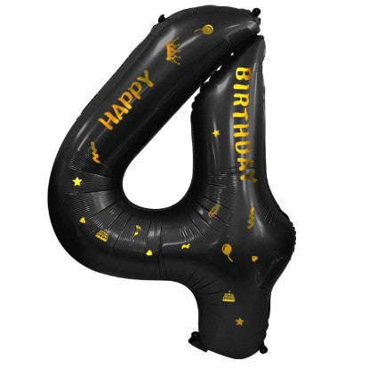 Balon din folie metalizata, cu tematica aurie si scris Happy Birthday, 100 cm, Negru, Cifra 4-0