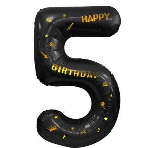 Balon din folie metalizata, cu tematica aurie si scris Happy Birthday, 100 cm, Negru, Cifra 5-0