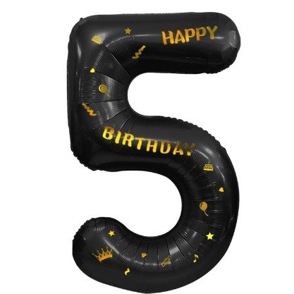 Balon din folie metalizata, cu tematica aurie si scris Happy Birthday, 100 cm, Negru, Cifra 5-0