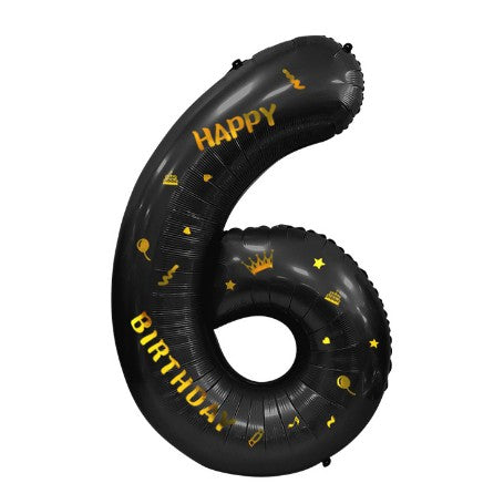 Balon din folie metalizata, cu tematica aurie si scris Happy Birthday, 100 cm, Negru, Cifra 6-0