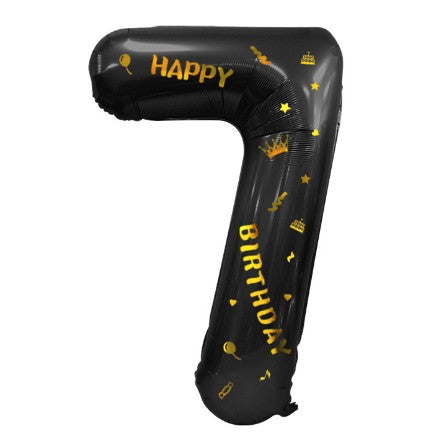 Balon din folie metalizata, cu tematica aurie si scris Happy Birthday, 100 cm, Negru, Cifra 7-0