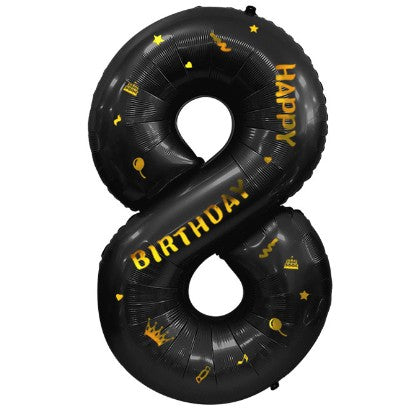 Balon din folie metalizata, cu tematica aurie si scris Happy Birthday, 100 cm, Negru, Cifra 8-0
