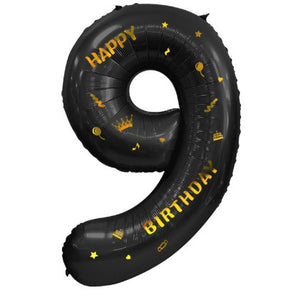Balon din folie metalizata, cu tematica aurie si scris Happy Birthday, 100 cm, Negru, Cifra 9-0