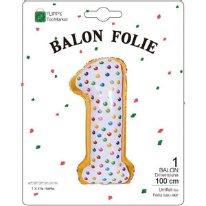 Balon din folie metalizata, Flippy, Balon aniversar, 100 cm, Tematica Dulciuri, Ambalaj Individual, Pai inclus, Cifra 1-0