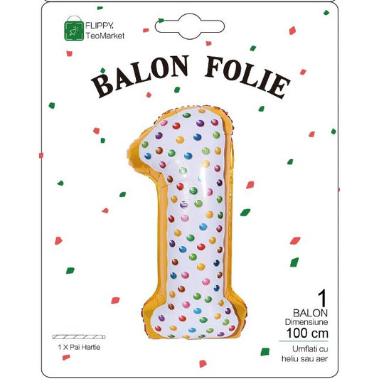 Balon din folie metalizata, Flippy, Balon aniversar, 100 cm, Tematica Dulciuri, Ambalaj Individual, Pai inclus, Cifra 1-0