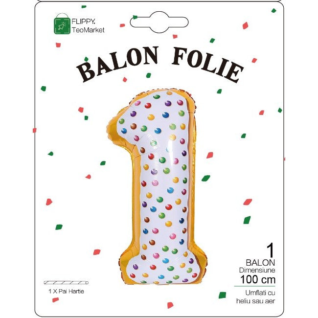 Balon din folie metalizata, Flippy, Balon aniversar, 100 cm, Tematica Dulciuri, Ambalaj Individual, Pai inclus, Cifra 1-0