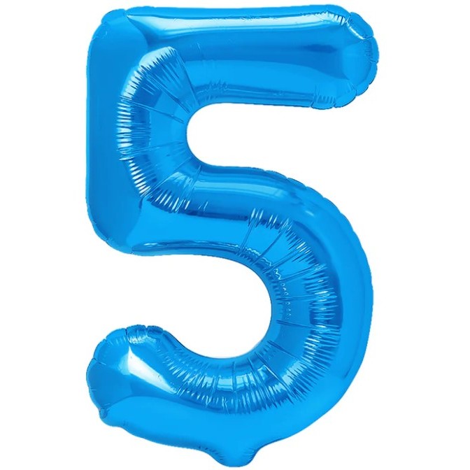 Balon din folie metalizata, Flippy, Balon aniversar, 40 cm, Albastru, Ambalaj Individual, Pai inclus, Cifra 5-0