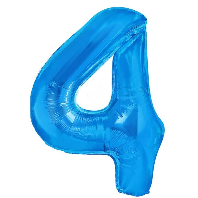Balon din folie metalizata, Flippy, Balon aniversar, 40 cm, Albastru, Ambalaj Individual, Pai inclus, Cifra 4-0