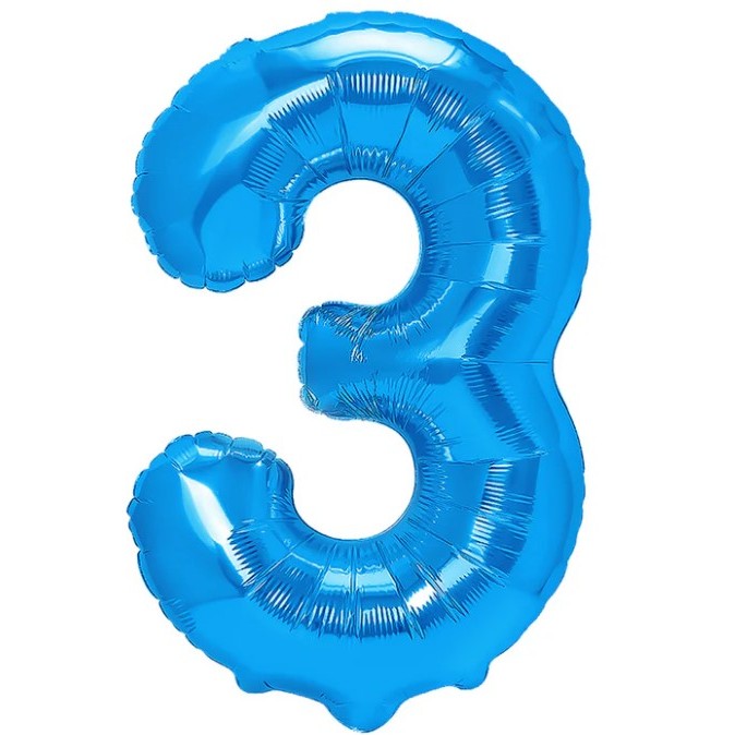 Balon din folie metalizata, Flippy, Balon aniversar, 40 cm, Albastru, Ambalaj Individual, Pai inclus, Cifra 3-0