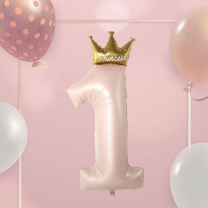 Balon din Folie Metalizata, Flippy, Figurina Cifra 1, Model Coroana Printesa, 91 cm, Ambalaj Individual, Pai inclus, Umflare cu Aer sau Heliu, Roz-2