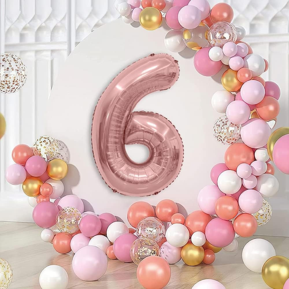 Balon din Folie Metalizata Flippy, Figurina Cifra, Tema Aniversare 100 cm, Ambalaj Individual, Pai inclus, Umflare cu Aer sau Heliu, Coral, Rose, Cifra 6-1