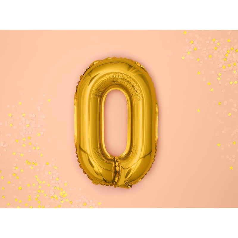 Balon din Folie Metalizata Flippy, Figurina Cifra, Tema Aniversare 100 cm, Ambalaj Individual, Pai inclus, Umflare cu Aer sau Heliu, Auriu, Cifra 0-7