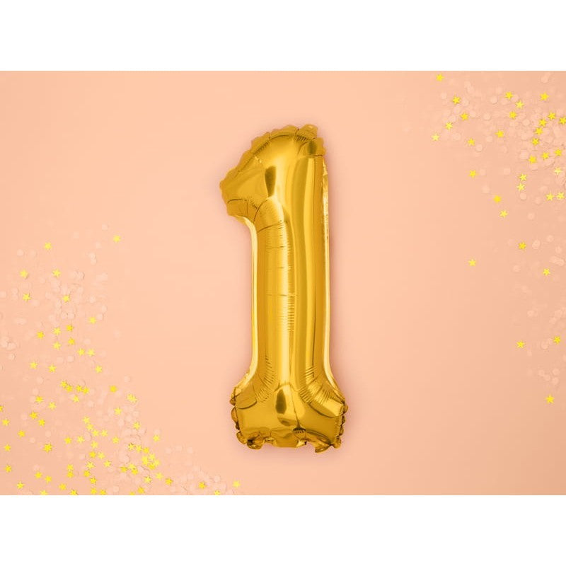 Balon din Folie Metalizata Flippy, Figurina Cifra, Tema Aniversare 100 cm, Ambalaj Individual, Pai inclus, Umflare cu Aer sau Heliu, Auriu, Cifra 1-1
