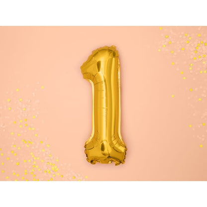 Balon din Folie Metalizata Flippy, Figurina Cifra, Tema Aniversare 100 cm, Ambalaj Individual, Pai inclus, Umflare cu Aer sau Heliu, Auriu, Cifra 1-1