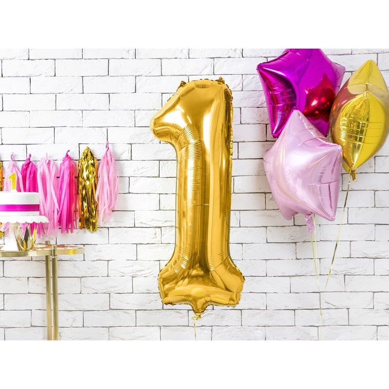 Balon din Folie Metalizata Flippy, Figurina Cifra, Tema Aniversare 100 cm, Ambalaj Individual, Pai inclus, Umflare cu Aer sau Heliu, Auriu, Cifra 1-2