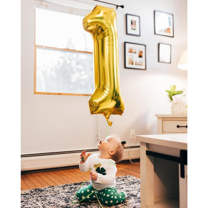 Balon din Folie Metalizata Flippy, Figurina Cifra, Tema Aniversare 100 cm, Ambalaj Individual, Pai inclus, Umflare cu Aer sau Heliu, Auriu, Cifra 1-7