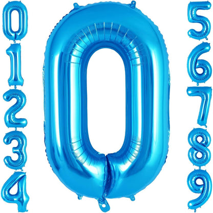 Balon din Folie Metalizata, Flippy, Figurina Cifra, Tema Aniversare 100 cm, Ambalaj Individual, Pai inclus, Umflare cu Aer sau Heliu, Albastru, Cifra 0-3