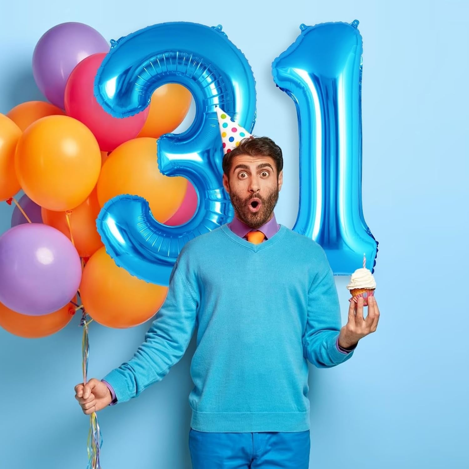 Balon din Folie Metalizata, Flippy, Figurina Cifra, Tema Aniversare 100 cm, Ambalaj Individual, Pai inclus, Umflare cu Aer sau Heliu, Albastru, Cifra 1-3