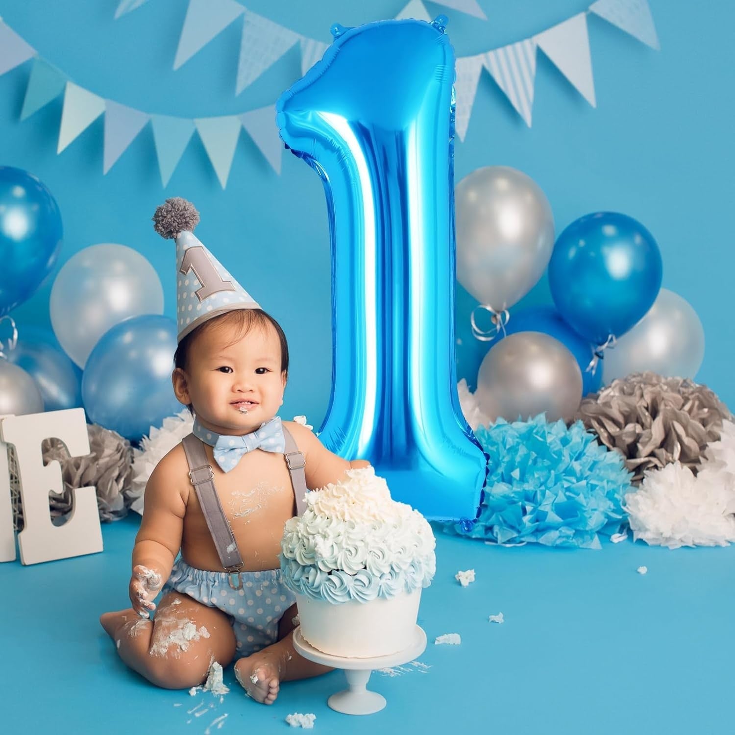 Balon din Folie Metalizata, Flippy, Figurina Cifra, Tema Aniversare 100 cm, Ambalaj Individual, Pai inclus, Umflare cu Aer sau Heliu, Albastru, Cifra 1-4