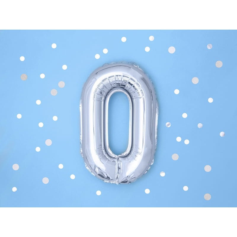 Balon din Folie Metalizata, Flippy, Figurina Cifra, Tema Aniversare 100 cm, Ambalaj Individual, Pai inclus, Umflare cu Aer sau Heliu, Argintiu, Cifra 0-5