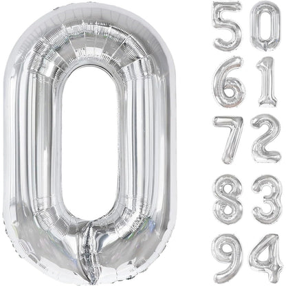 Balon din Folie Metalizata, Flippy, Figurina Cifra, Tema Aniversare 100 cm, Ambalaj Individual, Pai inclus, Umflare cu Aer sau Heliu, Argintiu, Cifra 0-6