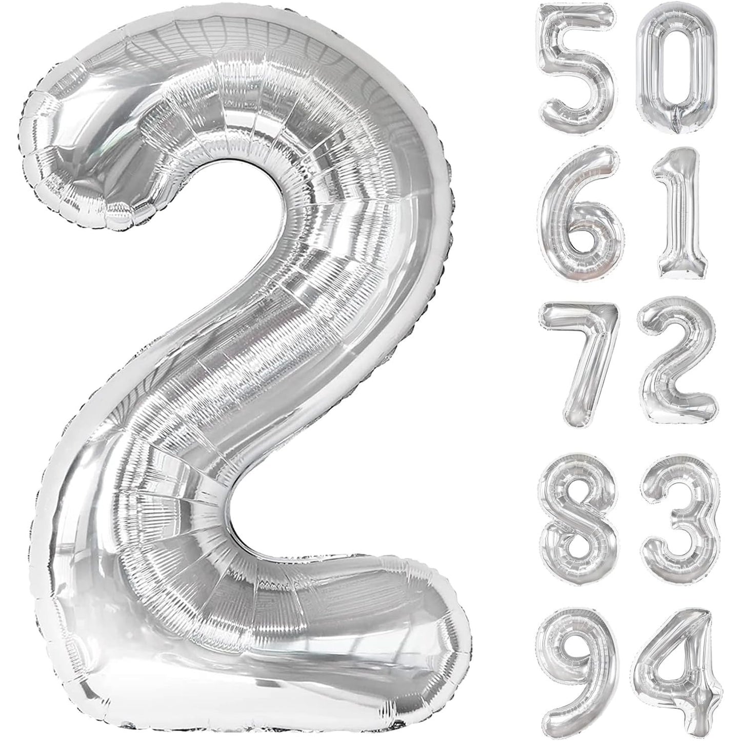 Balon din Folie Metalizata, Flippy, Figurina Cifra, Tema Aniversare 100 cm, Ambalaj Individual, Pai inclus, Umflare cu Aer sau Heliu, Argintiu, Cifra 2-7