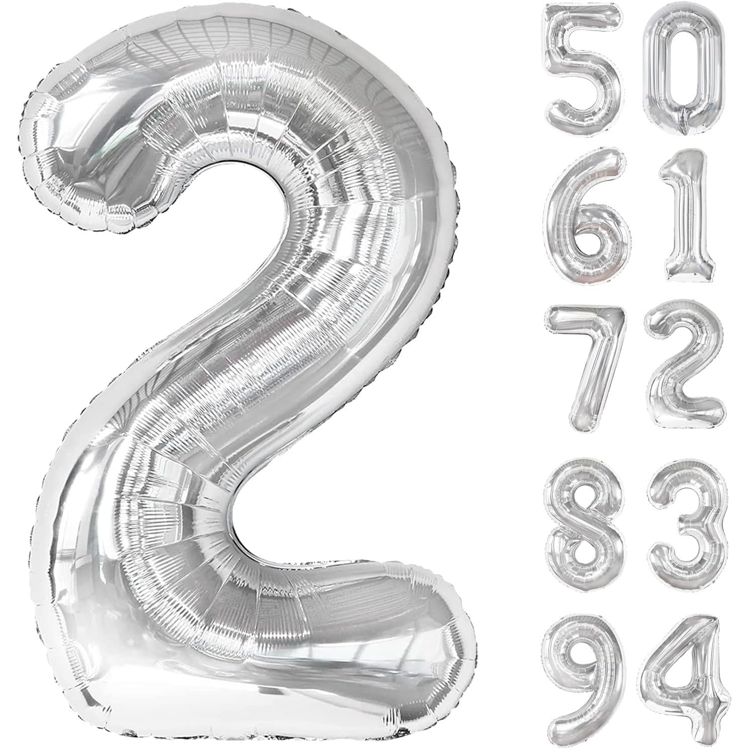 Balon din Folie Metalizata, Flippy, Figurina Cifra, Tema Aniversare 100 cm, Ambalaj Individual, Pai inclus, Umflare cu Aer sau Heliu, Argintiu, Cifra 2-7