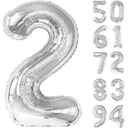 Balon din Folie Metalizata, Flippy, Figurina Cifra, Tema Aniversare 100 cm, Ambalaj Individual, Pai inclus, Umflare cu Aer sau Heliu, Argintiu, Cifra 2-7