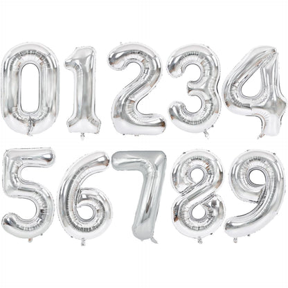 Balon din Folie Metalizata, Flippy, Figurina Cifra, Tema Aniversare 100 cm, Ambalaj Individual, Pai inclus, Umflare cu Aer sau Heliu, Argintiu, Cifra 2-8