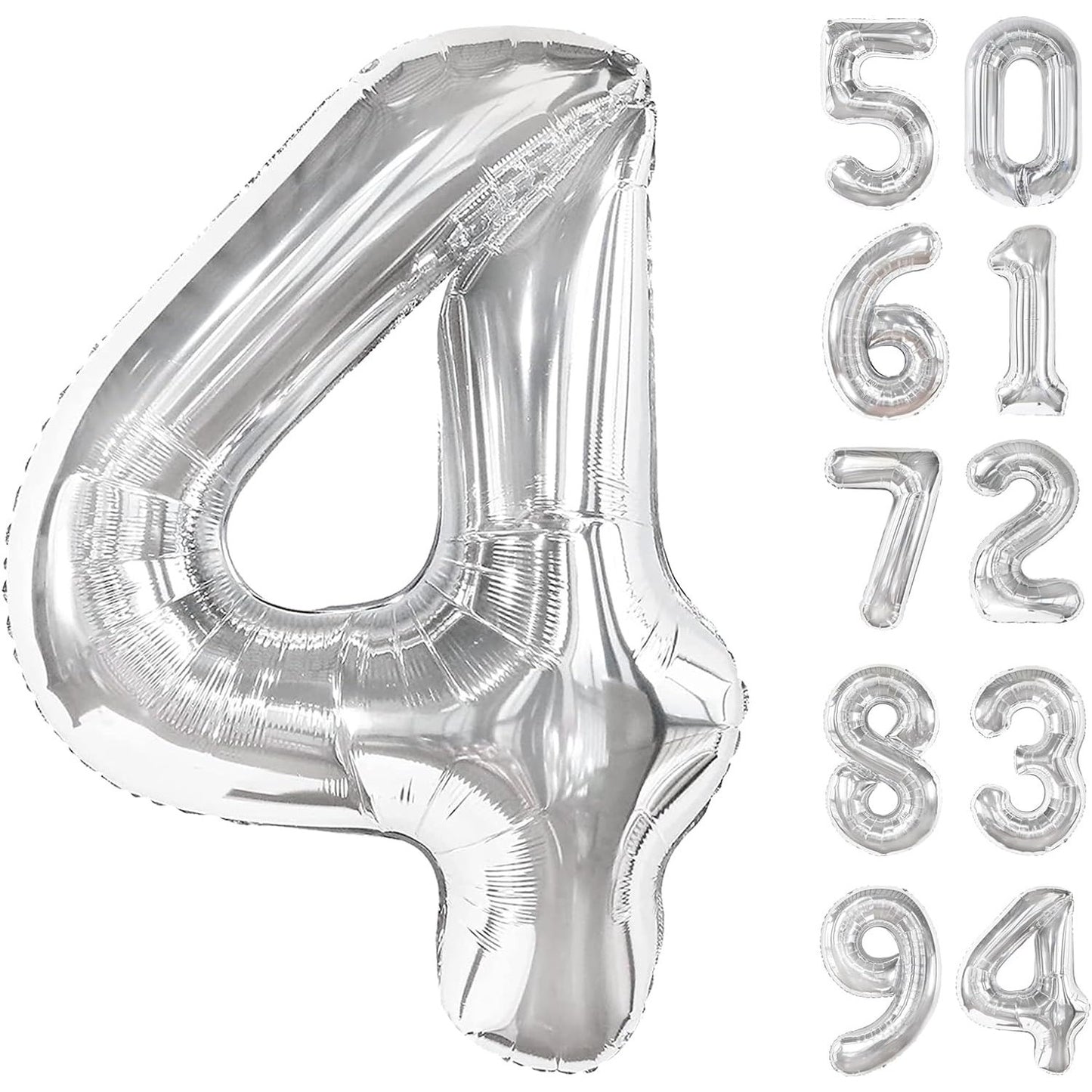 Balon din Folie Metalizata, Flippy, Figurina Cifra, Tema Aniversare 100 cm, Ambalaj Individual, Pai inclus, Umflare cu Aer sau Heliu, Argintiu, Cifra 4-1