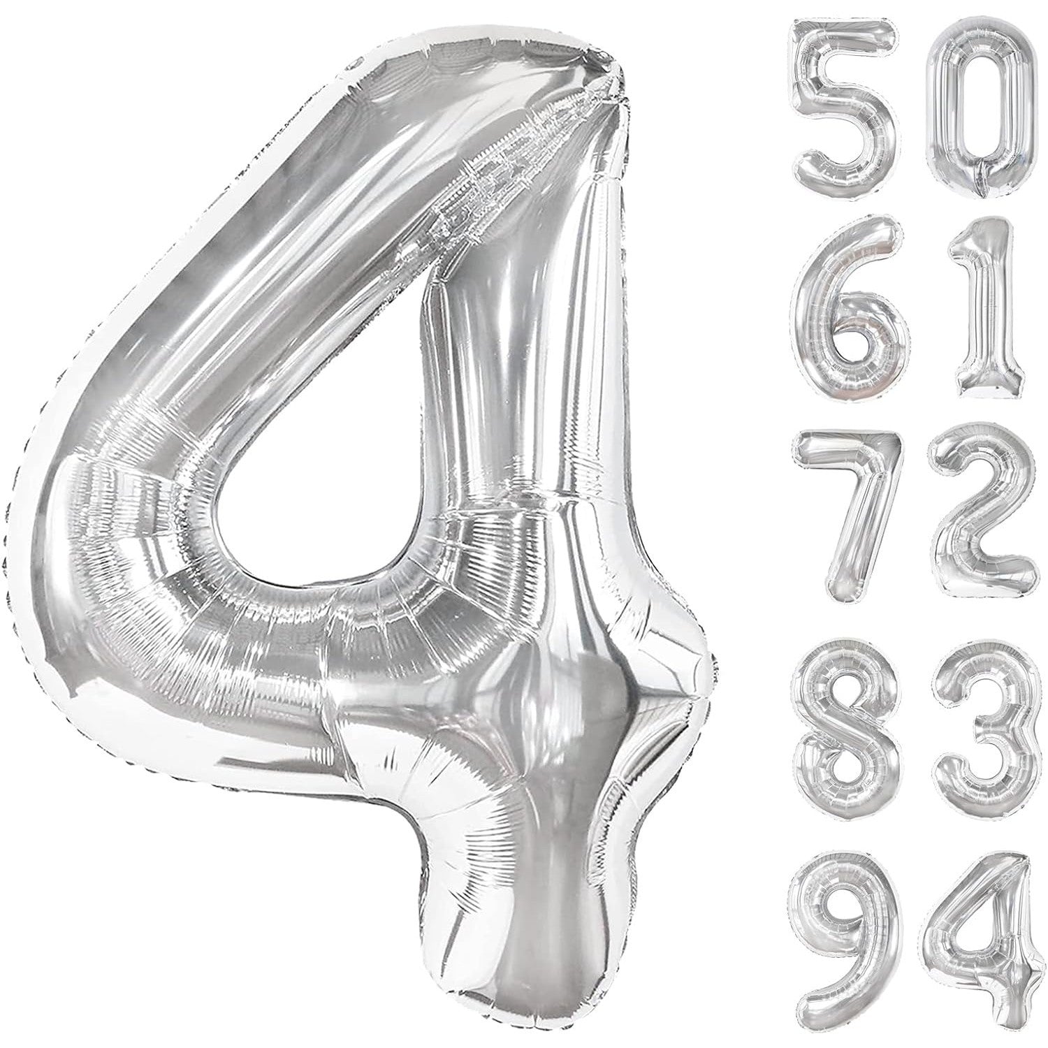 Balon din Folie Metalizata, Flippy, Figurina Cifra, Tema Aniversare 100 cm, Ambalaj Individual, Pai inclus, Umflare cu Aer sau Heliu, Argintiu, Cifra 4-1