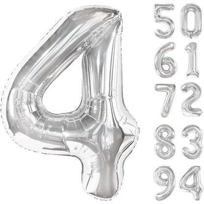 Balon din Folie Metalizata, Flippy, Figurina Cifra, Tema Aniversare 100 cm, Ambalaj Individual, Pai inclus, Umflare cu Aer sau Heliu, Argintiu, Cifra 4-1