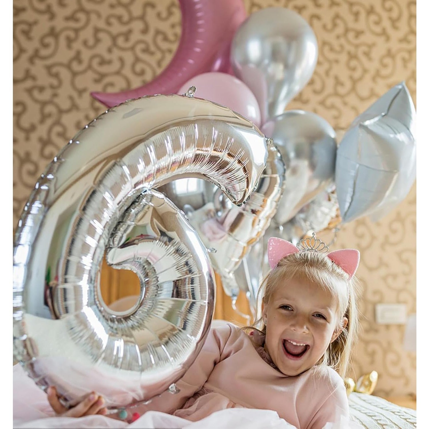 Balon din Folie Metalizata, Flippy, Figurina Cifra, Tema Aniversare 100 cm, Ambalaj Individual, Pai inclus, Umflare cu Aer sau Heliu, Argintiu, Cifra 6-1