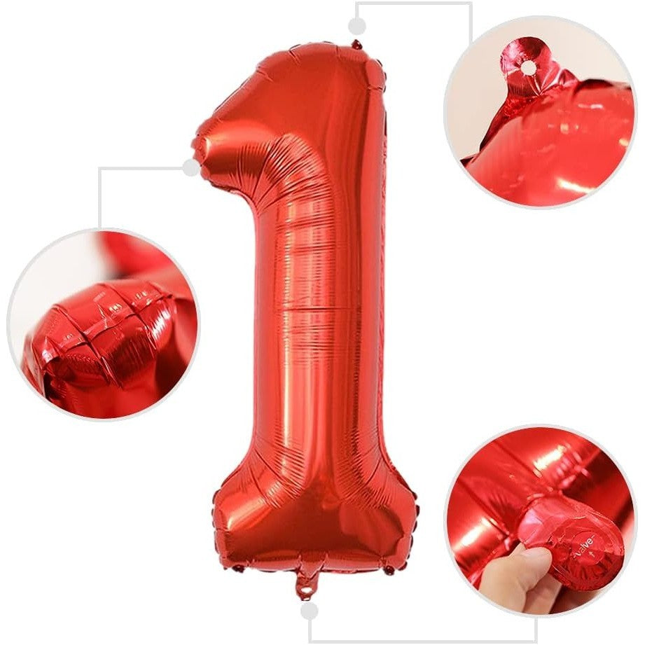 Balon din Folie Metalizata Flippy, Figurina Cifra, Tema Aniversare 100 cm, Ambalaj Individual, Pai inclus, Umflare cu Aer sau Heliu, Rosu, Cifra 1-1