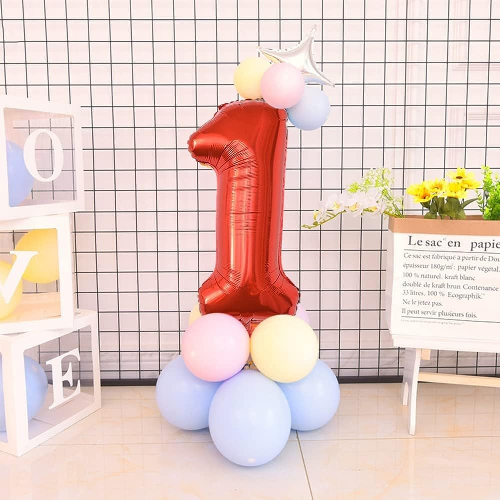 Balon din Folie Metalizata Flippy, Figurina Cifra, Tema Aniversare 100 cm, Ambalaj Individual, Pai inclus, Umflare cu Aer sau Heliu, Rosu, Cifra 1-3