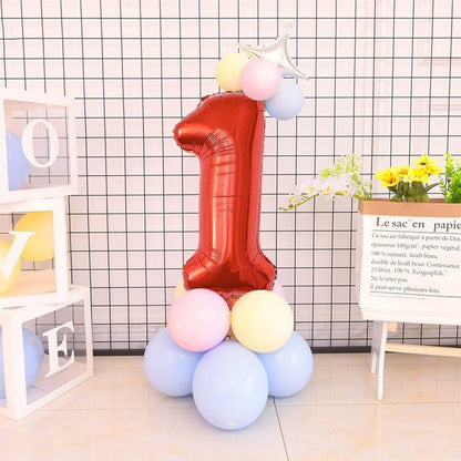 Balon din Folie Metalizata Flippy, Figurina Cifra, Tema Aniversare 100 cm, Ambalaj Individual, Pai inclus, Umflare cu Aer sau Heliu, Rosu, Cifra 1-3