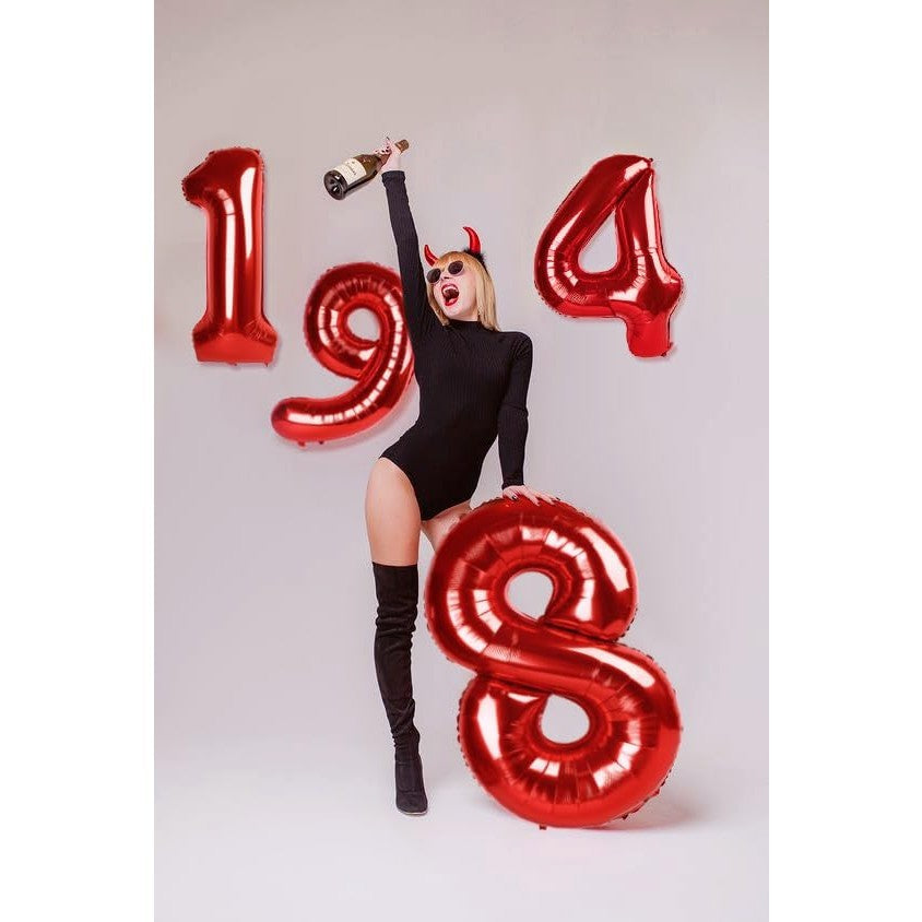 Balon din Folie Metalizata Flippy, Figurina Cifra, Tema Aniversare 100 cm, Ambalaj Individual, Pai inclus, Umflare cu Aer sau Heliu, Rosu, Cifra 1-5