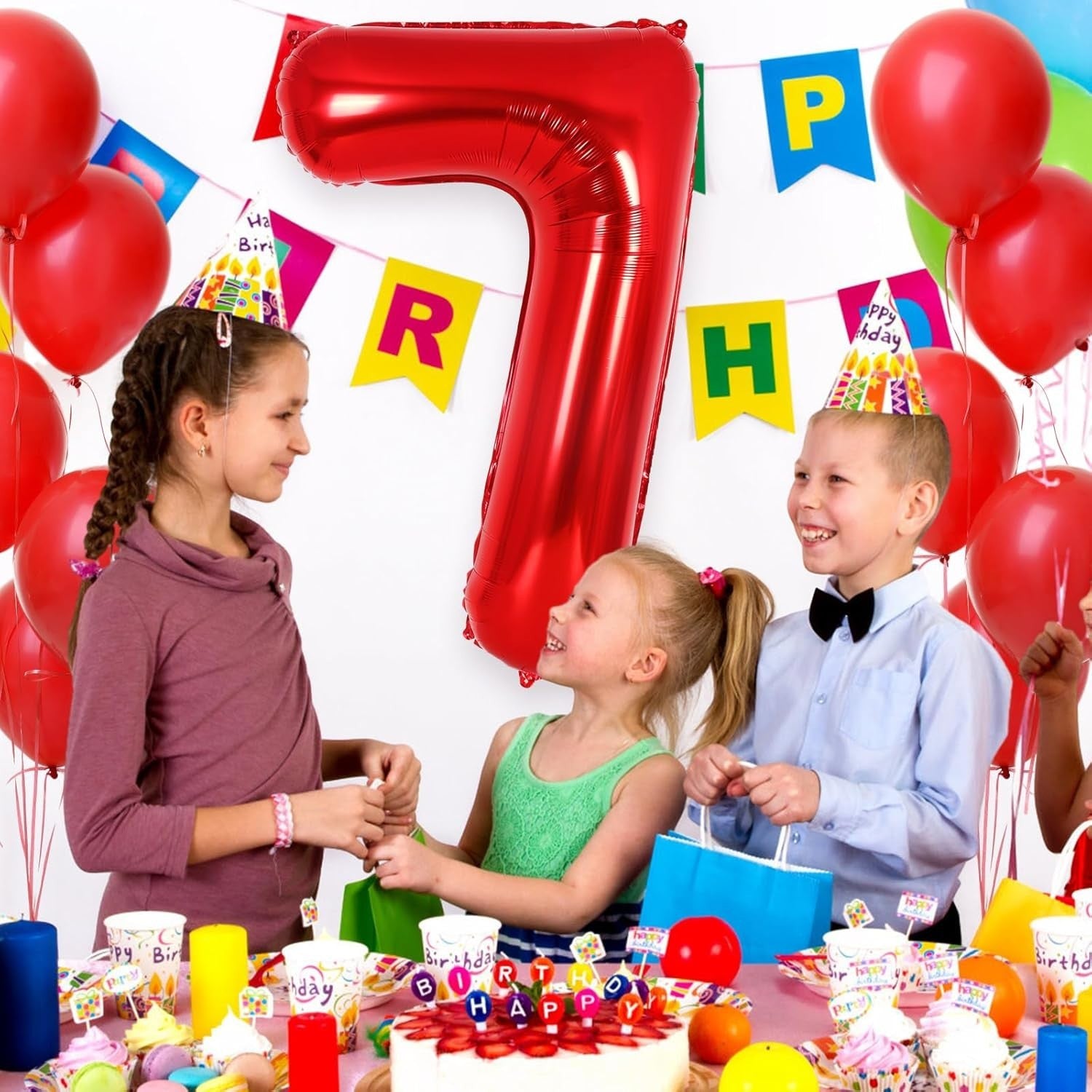 Balon din Folie Metalizata Flippy, Figurina Cifra, Tema Aniversare 100 cm, Ambalaj Individual, Pai inclus, Umflare cu Aer sau Heliu, Rosu, Cifra 7-3
