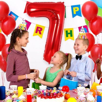Balon din Folie Metalizata Flippy, Figurina Cifra, Tema Aniversare 100 cm, Ambalaj Individual, Pai inclus, Umflare cu Aer sau Heliu, Rosu, Cifra 7-3