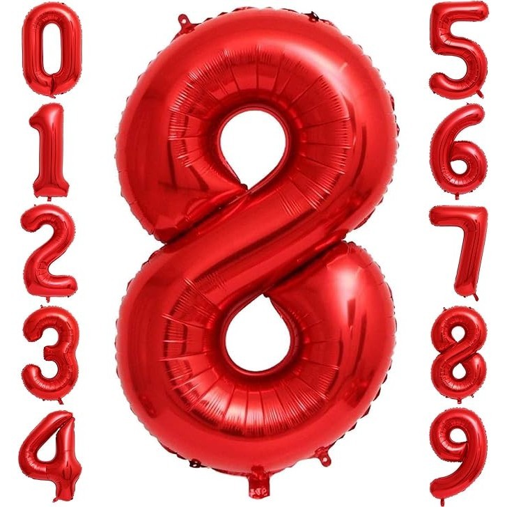 Balon din Folie Metalizata Flippy, Figurina Cifra, Tema Aniversare 100 cm, Ambalaj Individual, Pai inclus, Umflare cu Aer sau Heliu, Rosu, Cifra 8-4