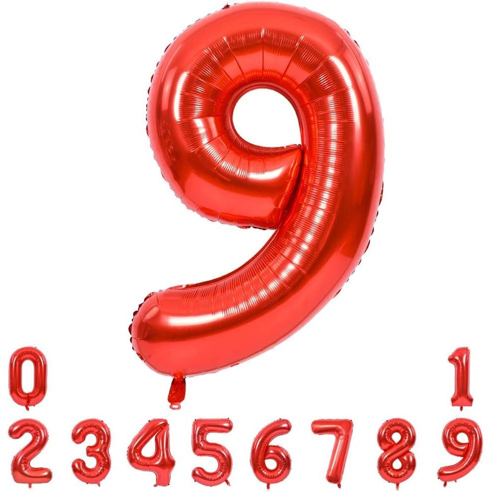 Balon din Folie Metalizata Flippy, Figurina Cifra, Tema Aniversare 100 cm, Ambalaj Individual, Pai inclus, Umflare cu Aer sau Heliu, Rosu, Cifra 9-2
