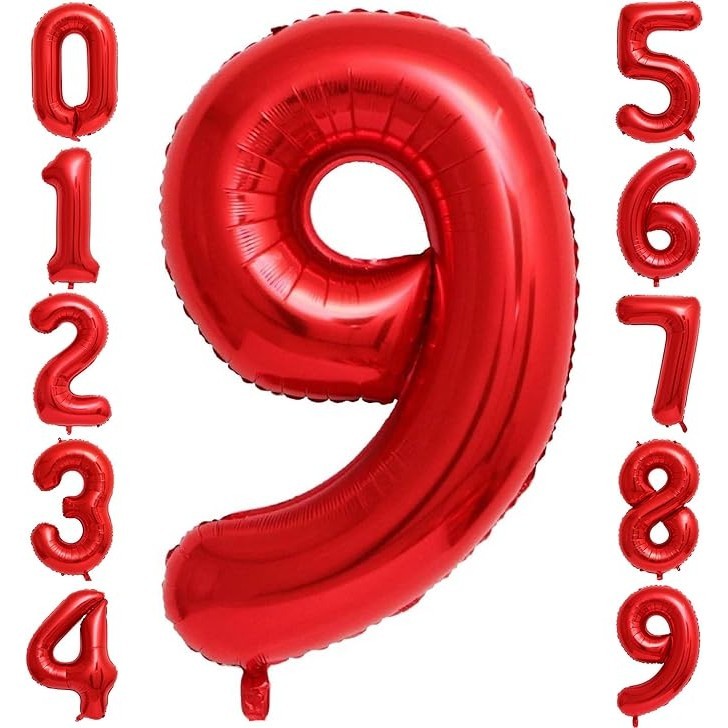 Balon din Folie Metalizata Flippy, Figurina Cifra, Tema Aniversare 100 cm, Ambalaj Individual, Pai inclus, Umflare cu Aer sau Heliu, Rosu, Cifra 9-3