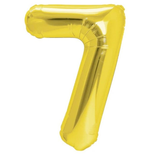 Balon din Folie Metalizata Flippy, Figurina Cifra, Tema Aniversare 100 cm, Ambalaj Individual, Pai inclus, Umflare cu Aer sau Heliu, Auriu, Cifra 7-0