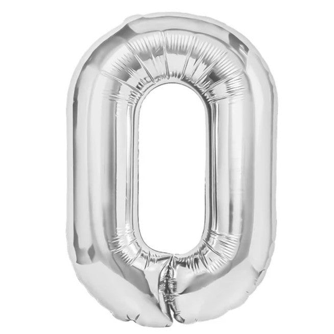 Balon din Folie Metalizata, Flippy, Figurina Cifra, Tema Aniversare 100 cm, Ambalaj Individual, Pai inclus, Umflare cu Aer sau Heliu, Argintiu, Cifra 0-0