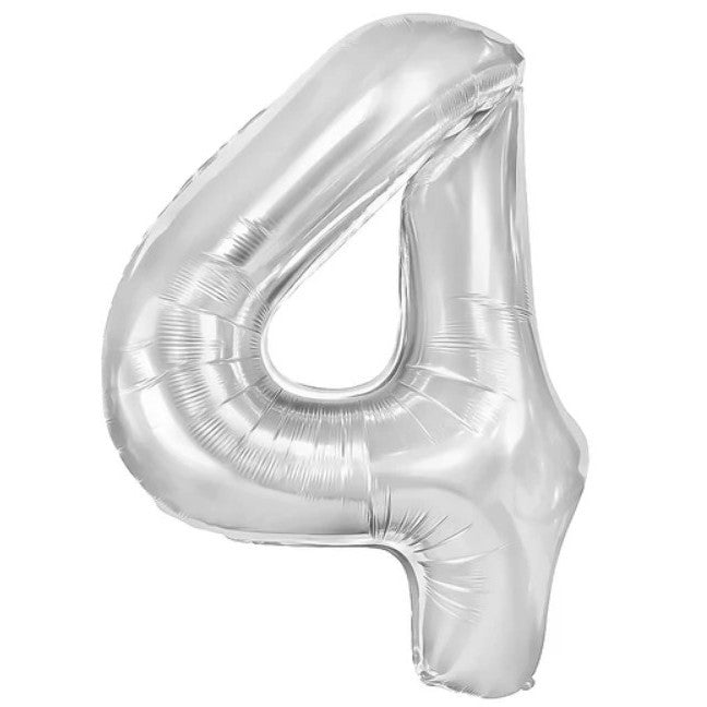 Balon din Folie Metalizata, Flippy, Figurina Cifra, Tema Aniversare 100 cm, Ambalaj Individual, Pai inclus, Umflare cu Aer sau Heliu, Argintiu, Cifra 4-0
