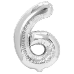 Balon din Folie Metalizata, Flippy, Figurina Cifra, Tema Aniversare 100 cm, Ambalaj Individual, Pai inclus, Umflare cu Aer sau Heliu, Argintiu, Cifra 6-0