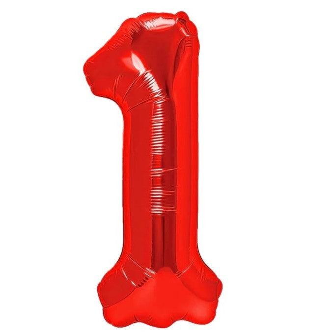 Balon din Folie Metalizata Flippy, Figurina Cifra, Tema Aniversare 100 cm, Ambalaj Individual, Pai inclus, Umflare cu Aer sau Heliu, Rosu, Cifra 1-0